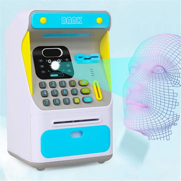 Mini ATM Money Bank with Electronic Lock Face Recognition Auto Scroll Paper Money & Coin for Kids Teens Boys Girls